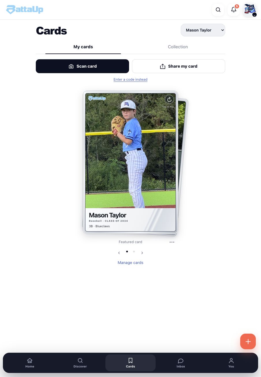 Mason’s baseball Player Card from the app preview