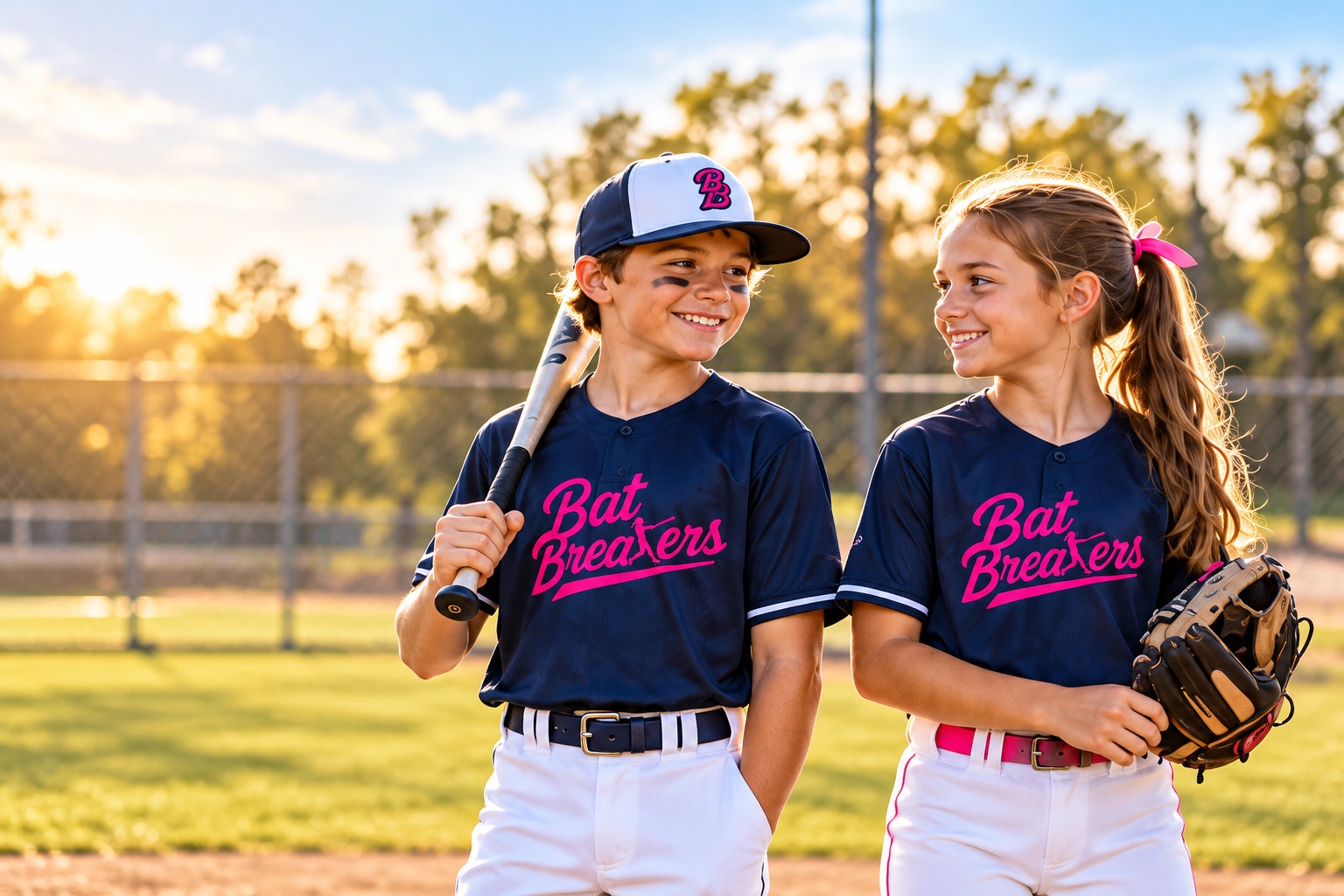 Illustrative baseball and softball teammates in Bat Breakers uniforms sharing a moment at the ballpark